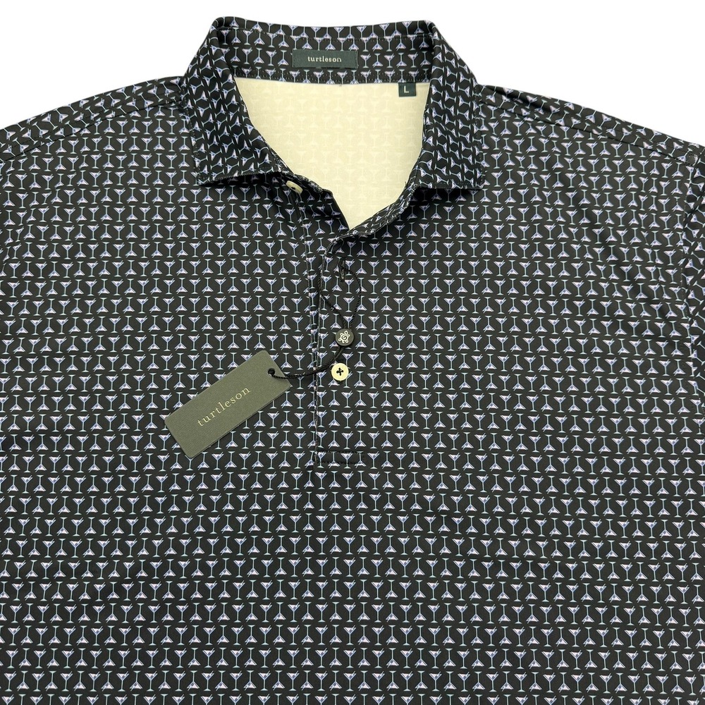 Turtleson Polo Shirt Mens L Black Martini Glass Print Performance Golf NWT